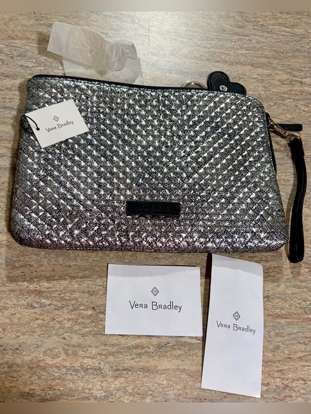NWT Vera Bradley Iconic RFID Metallic Silver Quilted Wristlet with Keychain